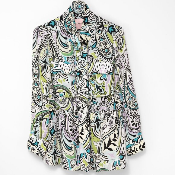 Chico's Black Label Easy Jacket Paisley Multicolor Blue White Black Green Size 8 - Picture 2 of 7